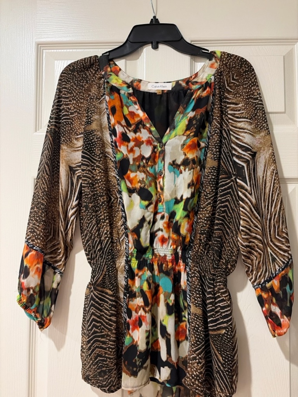 Calvin Klein Multicolor Mixed-Print Blouse - Brown, Orange, Green, Black - Picture 4 of 8